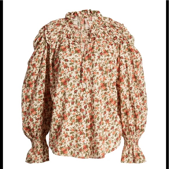 FP Meant to Be Floral Print Pleated Split Round Tie Neck Long Puff Sleev… - Picture 2 of 9